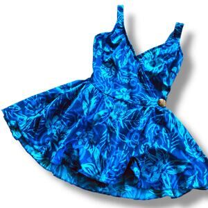 VNTG Maxine of Hollywood Swimdress Swimsuit Fits Sz 6 Blue Green Tropical Floral
